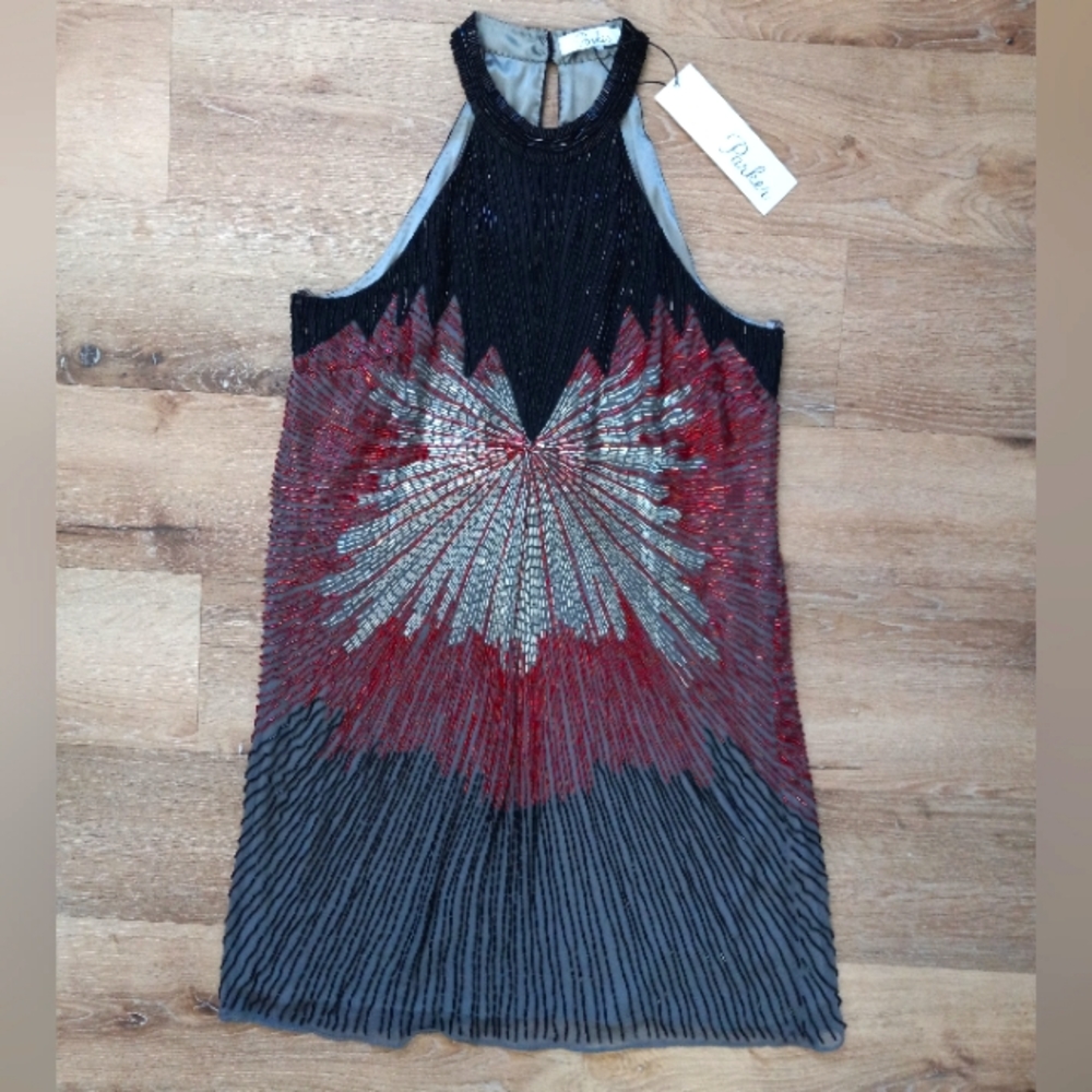 Parker Beaded High Neck 100% Silk Dress Size Small